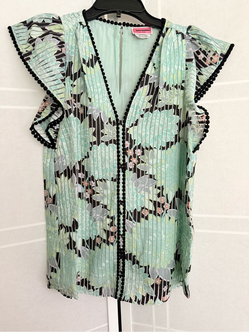kate spade Mint Floral Pleated Flutter Sleeve Top with Black Trim